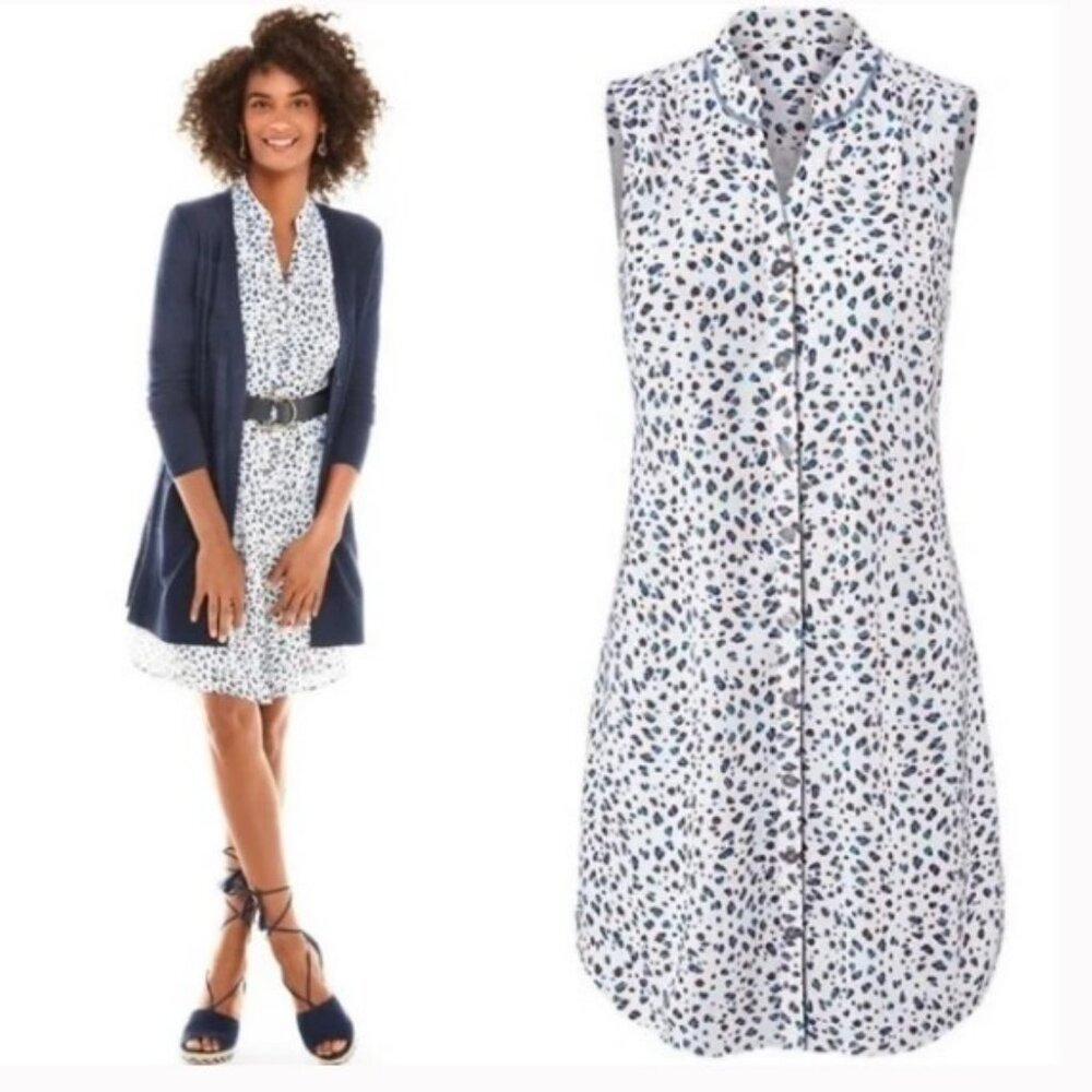 CAbi Camilla Leopard Print Sleeveless Button Down Shirt Dress Blue White Sz M